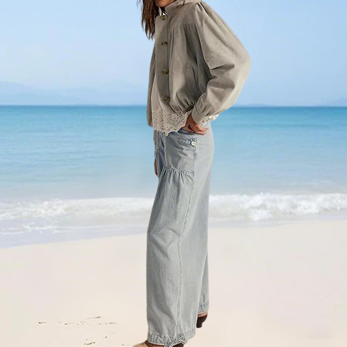 Women's Tube Jeans, Tie Hem Barrel Ruffle Mid High Waist Jeans, Ruffle Pleated Denim Pants with Drawstring and Pockets