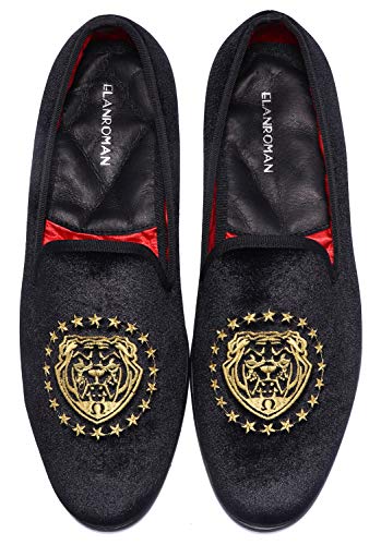 ELANROMAN Men Velvet Shoes Dress Loafers of Embroidered 1.0 Fashion Wedding Party Penny Slip on Shoes Black US 11