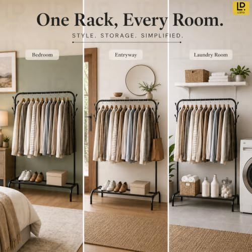 Image of LEOPAX Heavy Duty Metal Coat Garment Rack with 6 Hooks, Top Rod & Lower Storage Shelf, Freestanding Clothes Rail Wardrobe Organizer for Bedroom, Living Room & Entryway, Black, 107 x 40 x 150 cm
