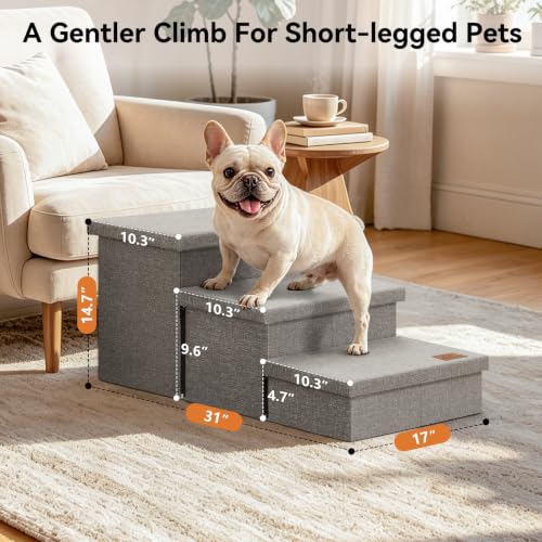 Image of Zerbuger Dog Stairs with Storage, Small Grey 3 Steps Dog Ramp no Condo | 18 inch H Wider Dog Steps for High Beds Couch, Folding Storage Pet Stairs Gift for Climbing Small /Medium /Large Old Dogs Cats