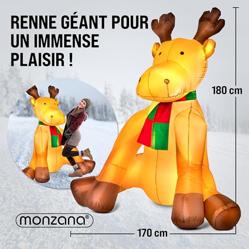 MONZANA® Renne de noël gonflable 180 cm éclairage LED matériel de fixation IP44 décoration Noël extérieur personnage figurine Noël autogonflant – Image 7