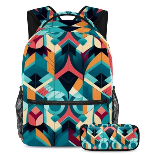 Sac à dos géométrique avec trousse pour l'école et le voyage des ados