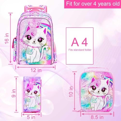 KLFVB 3PCS Cat Uni Dinosaur Backpack for Girls and Boys, 16" Kids Bookbag and Lunch Box, Preschool Backpacks for Elementary4