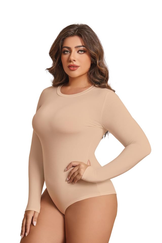 POSESHE Women's Plus Size Long Sleeve Bodysuit Soft Round Neck Bodysuits for Women, S-5XL4
