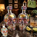 Botella tequila del Día los Muertos, decantador calavera de 350 ml, botella calavera del Día los Muertos tequila vintage para el hogar, decoración de bar, fiesta de Halloween (2 piezas)