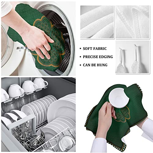 Saint Patrick's Day Dish Towels For Kitchen, Hand Towel Cleaning Cloths Lucky Clover Leaf Absorbent Fast Drying Dish Rags, Irish Celtic Knots Shamrocks Bathroom Cloth Set Of 2 With Hanging Loop #TOP3