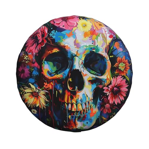 Image of Skull with Flower Spare Tire Cover Weatherproof Universal Halloween Decorations Wheel Protectors Wheel Covers for Rv Camper Travel Trailer SUV Truck 16 Inch
