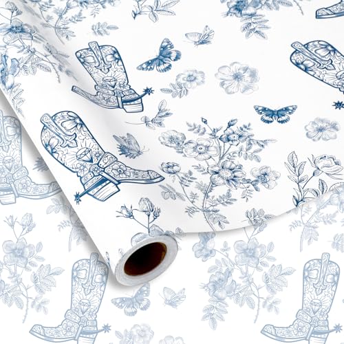 JarThenaAMCS Western Cowgirl Wrapping Paper -Mini Roll- 17 Inch x 32.8Ft Blue Cowgirl Boots Flower Butterfly Gift Wrap Paper for Birthday Baby Shower DIY Crafts