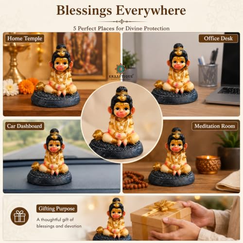 Image of Smiling Bal Hanuman Idol for Home Decor & Pooja | Marble Dust Meditating Hanuman Murti | Matte Finish Multicolor Bajrangbali Statue for Temple, Office, Gift (11 CM)
