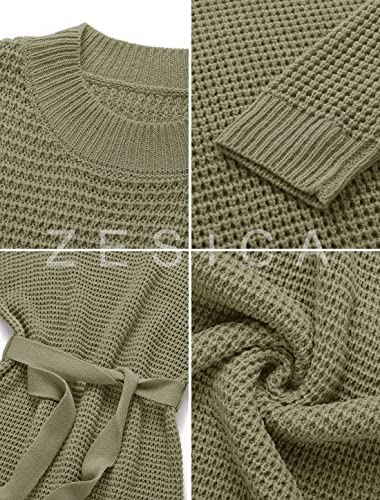 Zesica Women's 2023 Fall Long Sleeve Solid Color Waffle Knitted Tie Wasit Tunic Pullover Sweater Dress,Army Green,Medium #TOP3