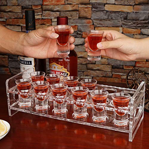 D&Z Shot Glass Holder, 12 Heavy Base Crystal Clear Shot Glasses For Whiskey Vodka Rum Cocktail Tequila, Acrylic Shot Glass Set Stand/Rack/Display/Serving Tray For Bar,Pub,Party [ 1 Oz. Each Glass ] #TOP2