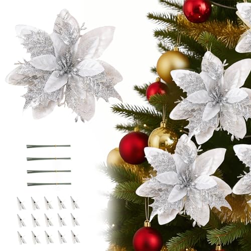 12 Stück Weihnachten Glitzer Weihnachtsstern Blumen mit Clips...