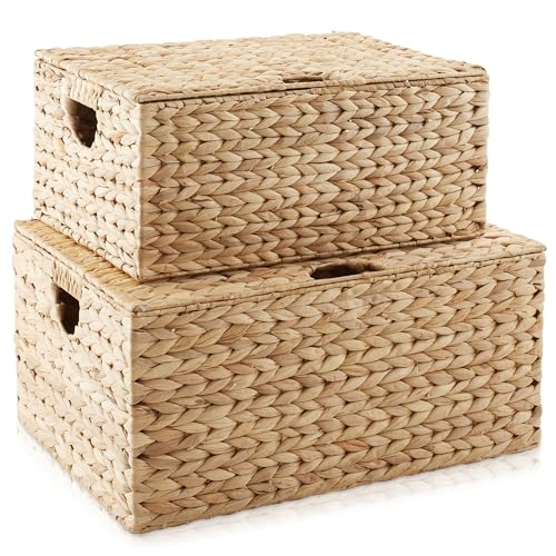 Casafield Set of 2 Water Hyacinth Rectangular Storage Baskets with Lids (Natural - Medium-Large) for Bedroom, Bathroom, Laundry, Home Office