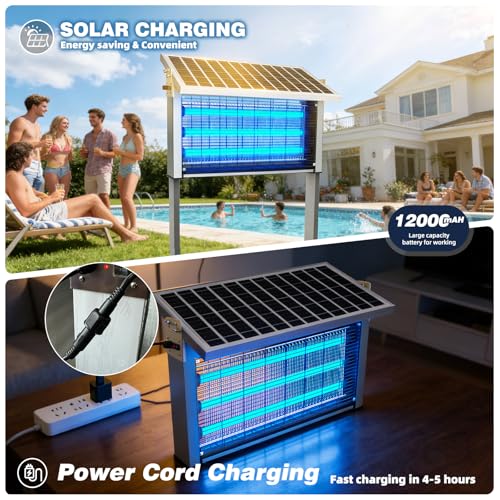 Image of Heavy-Duty Large Solar Bug Zapper Outdoor for 1 /2 Acre with 40W Solar Panel | Aluminum Rechargeable Solar Zapper with High Powered, Waterproof Solar Bug Zapper for Patio Garden Backyard Farm Large Places