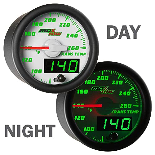 MaxTow Double Vision 260 F Transmission Temperature Gauge Kit - Includes Electronic Sensor - White Gauge Face - Green LED Illuminated Dial - Analog & Digital Readouts - for Trucks - 2-1/16\" 52mm