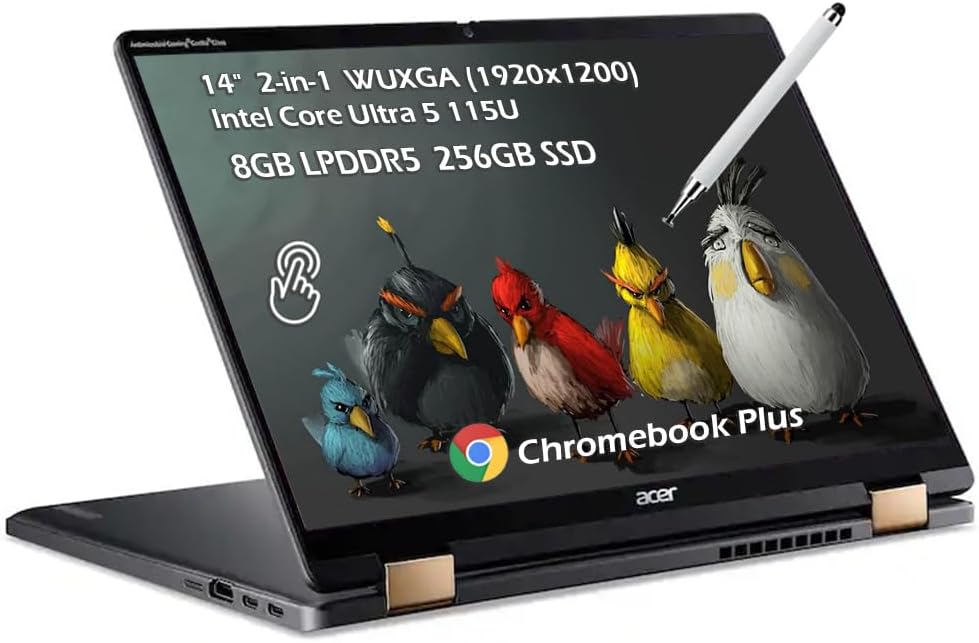 Chromebook Plus Spin 714 2-in-1 Laptop with Google AI | Intel Core Ultra 5 115U | 14 Full HD IPS Touch | 8GB LPDDR5 256GB SSD | Wi-Fi6E Backlit KB Chrome OS Steel Gray | w/Stylus Pen, W/GaLiMu