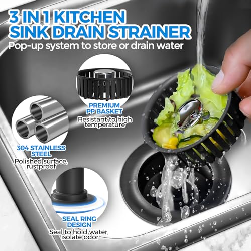 Image of zaa 3 in 1 Kitchen Sink Drain Strainer Stopper Removable Basket Pop-Up