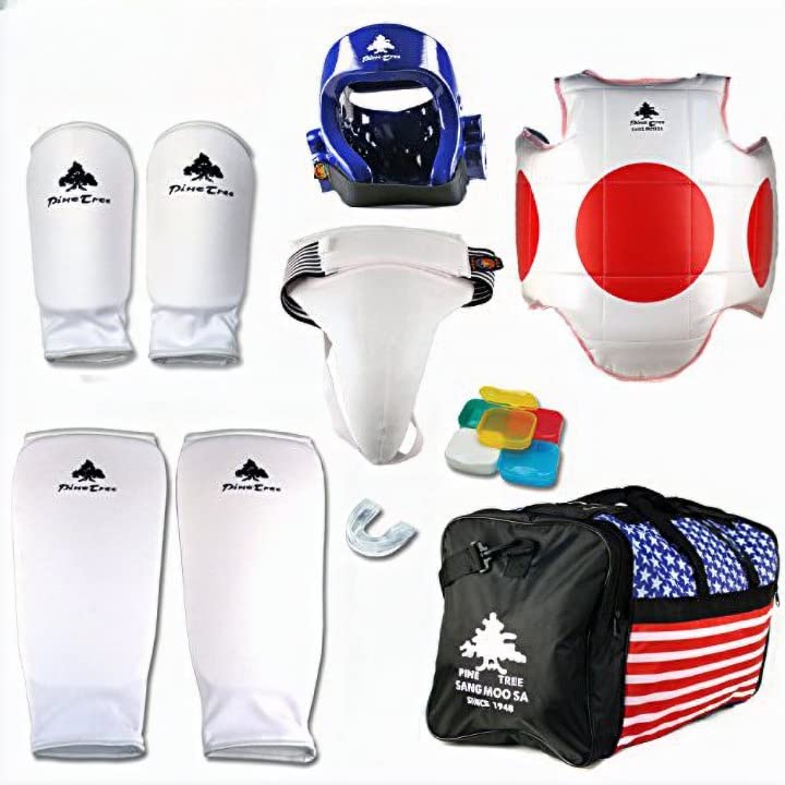 Pine Tree Complete Cloth Martial Arts Sparring Gear Set with Bag, Forearm/Shin, & Groin, Medium Black Headgear, Child Small Other Gears Female