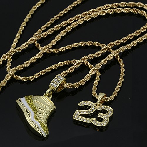 L2Jk Men's Gold Plated Hip Hop Retro 11 Shoe Collection & Small 23 Pendant 24" & 30" Rope Chain Costume Made (Championship) #TOP1