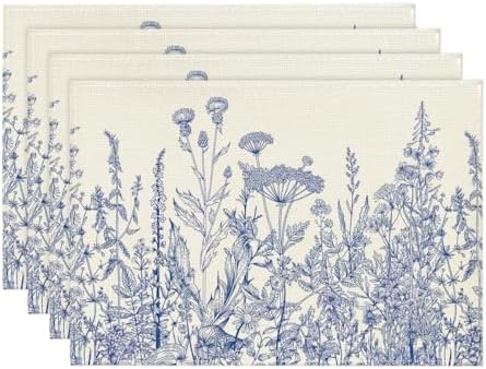 Artoid Mode Blue Antique Herbs and Wild Flowers Spring Placemats ...