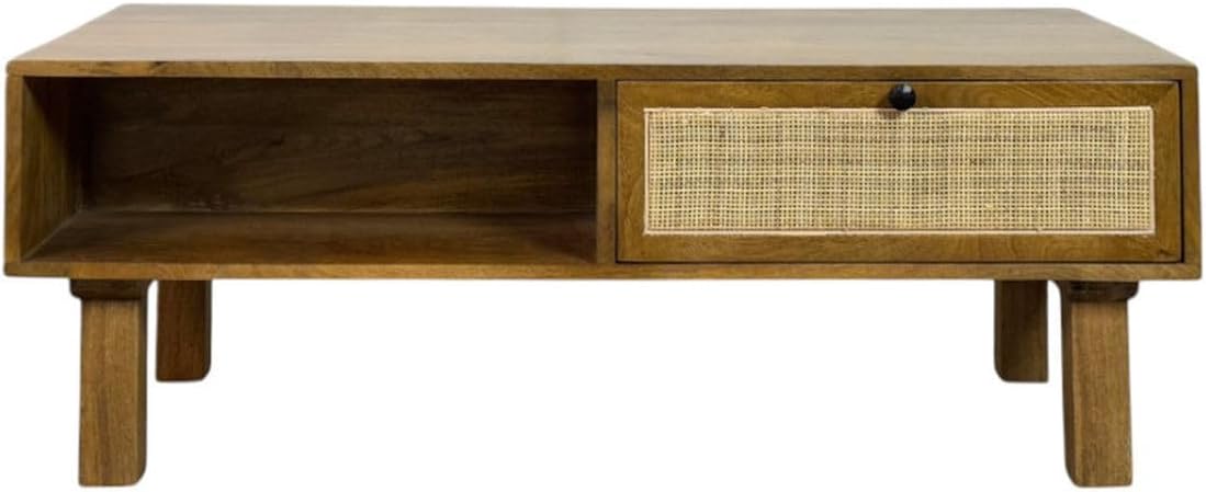 Carolina Chair & Table Haven Acacia Wood Coffee Table with Dual Storage Compartments - Rectangular Blonde Finish, Cane Trim Drawer, Open Cubby Table - Preassembled Modern Living Room Furniture