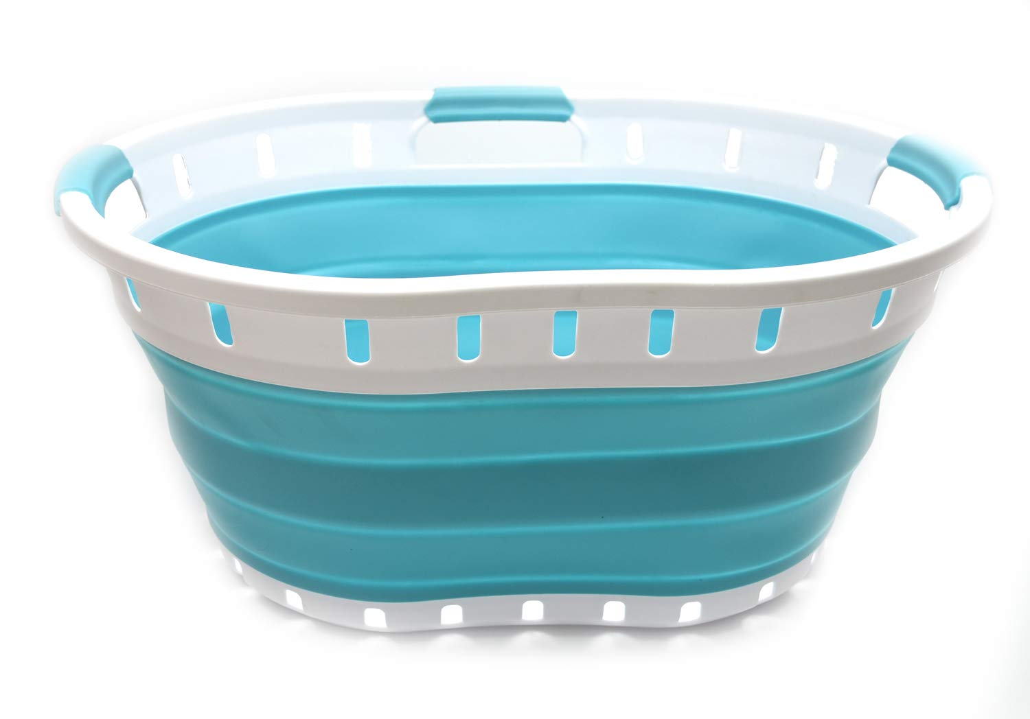 SAMMART 36L - Cesto portabiancheria pieghevole in plastica, ovale, con 3 manici, portatile, salvaspazio Blu brillante