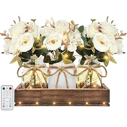 HOMECOR Mason Jar Centerpiece Table Decor for Dining Room - Table Decorations with Farmhouse Wood Tray and Remote Control LED Fairy Lights for Coffee Table Home Decor Living Room Wedding
