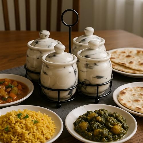 Image of Niyara Handcrafted Ceramic Pickle Jar Set, Premium Metal Tray, Spoons & Lids - Multipurpose Storage for Pickles, Chutneys, Spices & Condiments (Set of 4, 300ML /Each) (White Marble design)