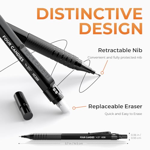 Four Candies Metal Mechanical Pencil Set, 3PCS Art Drafting Pencils 0.5, 0.7, 0.9MM & 2PCS 2MM Mechanical Drawing Pencils with 420PCS Leads (4B 2B HB 2H Color) for Writing Sketching Drawing (Black)