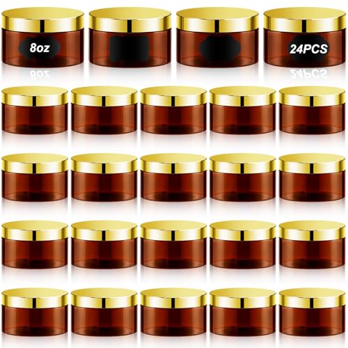 24 Pack 8 oz Amber Cosmetic Jars with Gold Lids and Labels for Body Butter