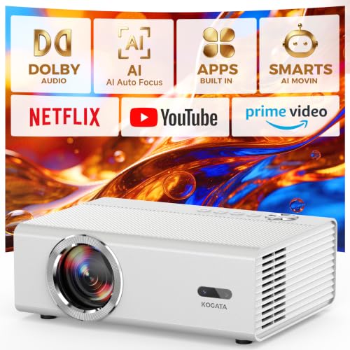 Image of Smart Projector with WiFi and Bluetooth, Proyector-4K with Official Apps, AI Auto Focus 50W Dolby Quiet, Kogata Indoor Outdoor Projector Ceiling for Bedroom, Backyard, Camping