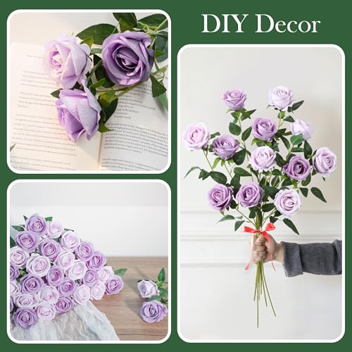 Image of INSPRING 50 PCS Purple Roses Artificial Flowers with Long Stems | Real Looking, Fake Roses, Silk Flowers, DIY Bouquet, Wedding Party Celebration Home Bridal Decoration Gift, for Her Wife
