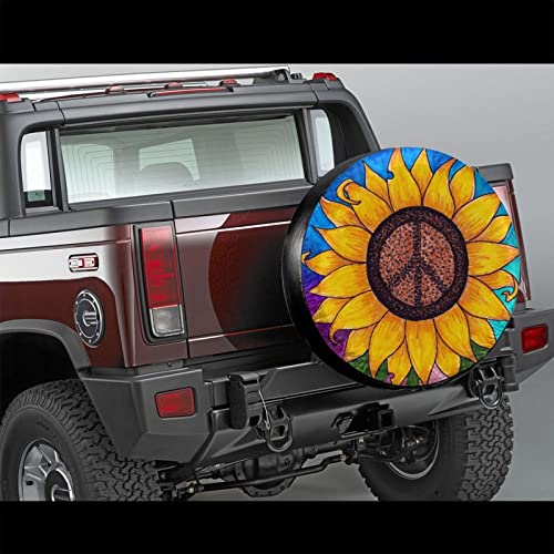 Image of Peace Sign Sunflower Spare Tire Cover,Universal Wheel Tire Cover for Trailer, RV, SUV, Truck,Camper and Many Vehicle,Weatherproof Tire Protectors（14 inch for Diameter 23 inch-27 inch）