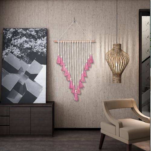 Tapiz de pared de macramé beige y rosa, decoración boho chic para dormitorio 7
