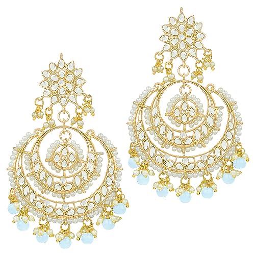Image of Peora Traditional Jewellery Rhodium Kundan & Pearl Maang Tikka Earring Set for Women Girls