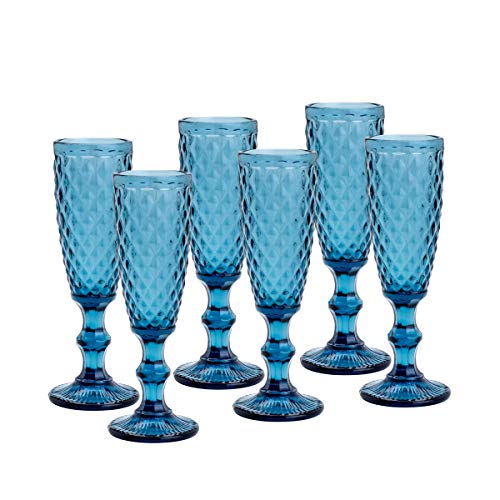 Conjunto 6 Taças para Champagne de Vidro Bico de Abacaxi Lyor Azul 140Ml