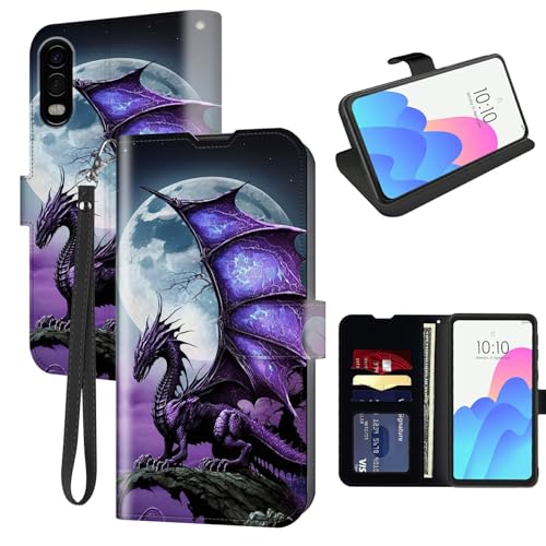 FUYOCWE For Samsung Xcover Pro Case Wallet for Samsung Galaxy Xcover Pro SM-G715 Phone Case with Card Holder,PU Leather Kickstand Flip Cover w/RFID Blocking Magnetic Snap-Purple Dragon Under Full Moon