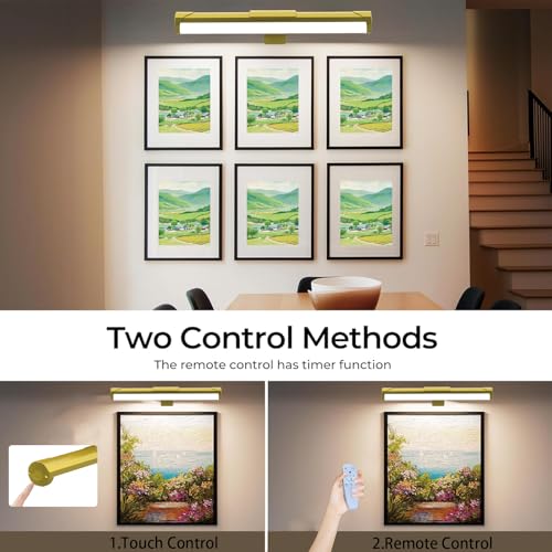 Image of MIOBLUE Picture Light with Remote and Timer, 13.8in Rechargeable Picture Light with 3 Color Modes, Dimmable Cordless Painting Light for Wall Display, Gallery Artwork, Portraits, Dartboards