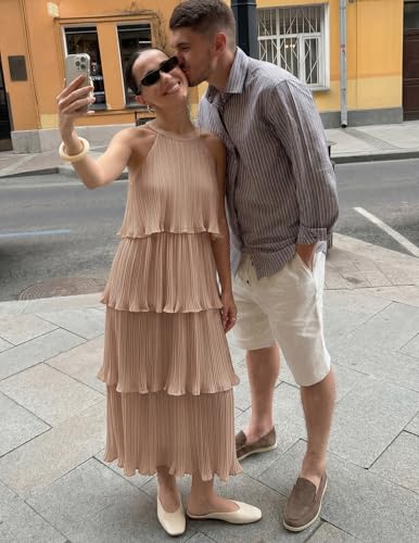 Image of ZESICA Women's 2026 Summer Sleeveless Halter Neck Ruffle Tiered Layered Chiffon Flowy Swing Long Midi Dress