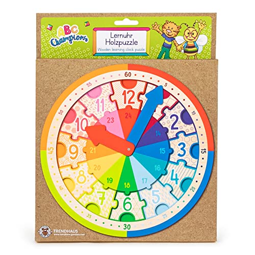 Trendhaus 956491 ABC Champions zegar edukacyjny z drewna, z drewnianymi puzzlami, zegar nauka dla dzieci od 5 lat