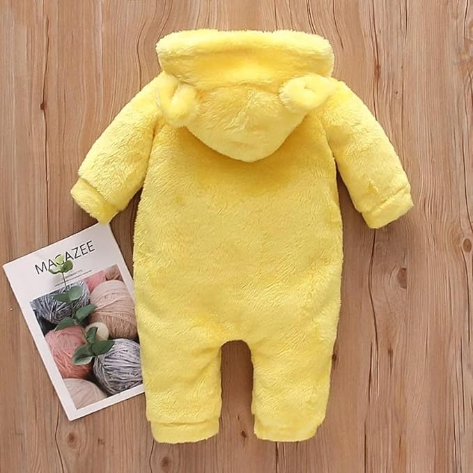 Image of BABYZONE Fluffy Fleece Baby Romper - Hooded Bear Ear Winter Jumpsuit for Boys & Girls