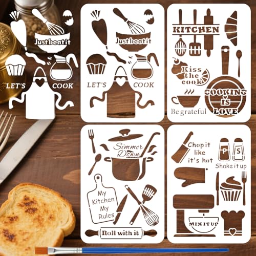 FINGERINSPIRE 4 plantillas de cocina de 21 x 29,7 cm, plantillas de decoración, 4 estilos, delantal, espátula, batidor, plantillas con un pincel para decoración, café, restaurante, artesanía de pared