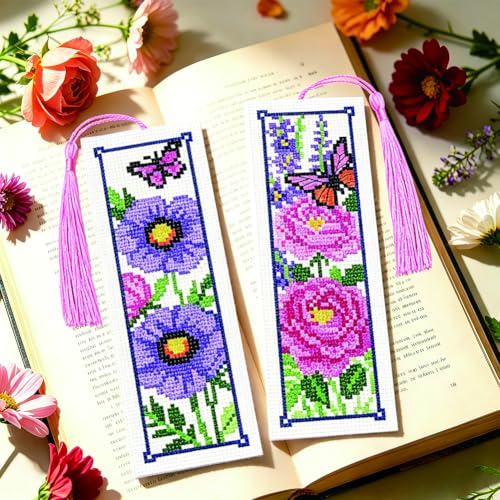 Image of ACRNIGHEET 6PCS Cross Stitch Bookmark Kit for Beginner Stamped Cross Stitch Kits for Adults Floral DIY Tassel Embroidery Bookmark Kits Needlepoint Kit with Instructions Craft Gift 8.5''x3'' 11CT