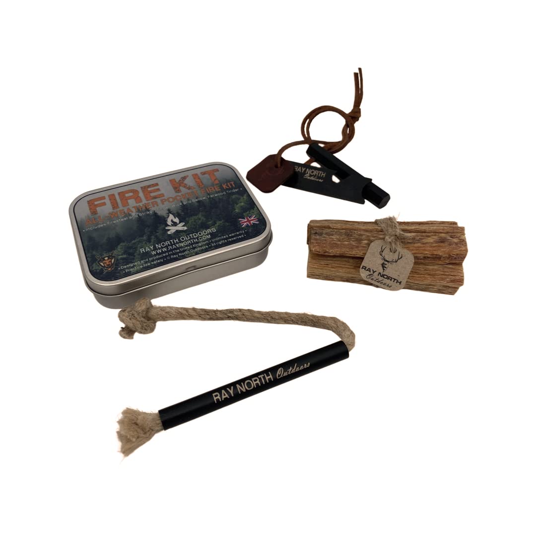 Ray North Outdoors All-Weather Pocket Fire Kit - Ferrocerium Rod and Striker, Tinder Wick Bellows, Fatwood Bundle, Silver, 110x80x24