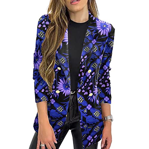 Womens Double Breasted Blazer Jacket Floral Print Notch Lapel Vintage Suit Coat Trendy Work Office Elegant Cardigan Tops Blue #TOP1