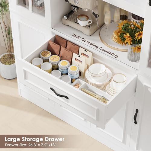 HIFIT 74\" Kitchen Pantry Cabinet, Large Kitchen Hutch Storage Cabinet with Glass Door & Shelves, Wine & Glass Display Station, Tall Modern China Coffee Bar with Hutch for Home Dining Living Room,White