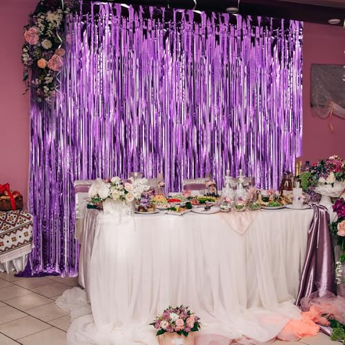 Image of Crosize 5 Pack 3.3 x 9.9 ft Purple Foil Fringe Curtains Party Decorations, Purple Tinsel Curtain Backdrop for Parties, Door Streamers, Glitter Streamer Backdrop for Birthday Decoration