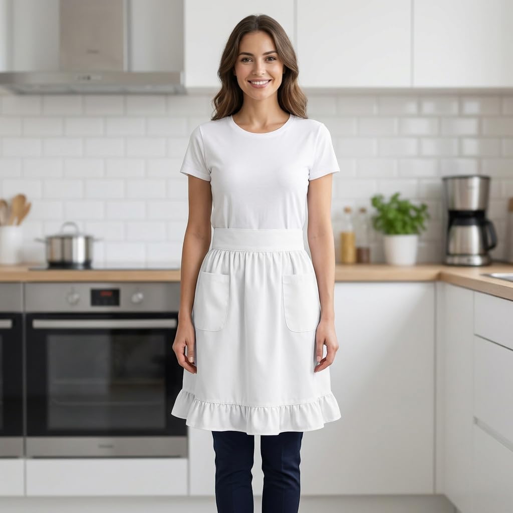 Waist Ruffle Adjustable Kitchen Cooking Restaurant Apron – Adult Women Cotton Retro Half Apron with Pockets – Loose Fit (White)