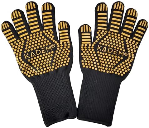 Unisex Aramid Backofenhandschuhe Grillhandschuhe Hitzebeständig bis 800 °C | Ofenhandschuhe Kochhandschuhe | feuerfest rutschfest | Gold L/XL