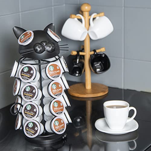 Made Easy Kit Carousel Coffee Pod Holder, Compatible with Keurig K-Pods K-Cups, Countertop Rack Storage Organizer, Metal Home and Kitchen Decor, Capsule Café Station Bar (Small, Black Cat)